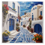 Santorini Street, Griekenland, Grieks Mixed Media  Tegeltje<br><div class="desc">"Santorini Griekenland Island Art",  "Griekse gebouwen en huizen",  "aquarel gebouw in de stad",  "Tourist Travel waterverf Painting",  "Blue and White Painted",  "Floral Village Paved Landscape",  "Beautiful Flowery Flowers",  "Charmante pittoreske schilderachtige straat",  "Traditional Rustic Dark Navy",  "Mediterranean Summer Flower Homes"</div>