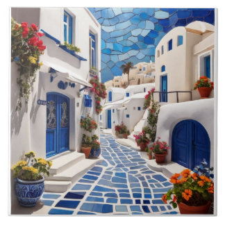 Santorini Street, Griekenland, Grieks Mixed Media  Tegeltje