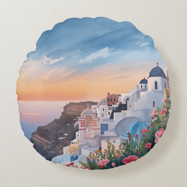 Santorini Stunning Sunset Uitzicht Rond Kussen (Voorkant)