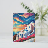 Santorini Sunset, Griekenland - Hot Pink Flowers G Briefkaart (Staand voorkant)