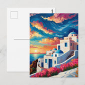 Santorini Sunset, Griekenland - Hot Pink Flowers G Briefkaart (Voorkant / Achterkant)