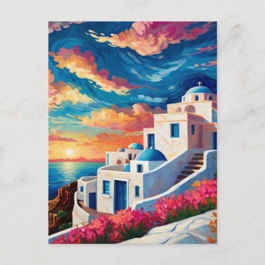 Santorini Sunset, Griekenland - Hot Pink Flowers G Briefkaart (Voorkant)