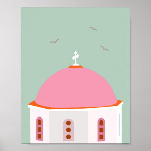 Santorini Travel Griekenland roze en groen Poster