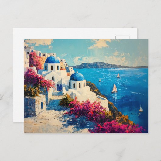 Santorini Vibrant Flowers Digitale olieverfschilde Briefkaart (Voorkant / Achterkant)