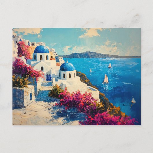 Santorini Vibrant Flowers Digitale olieverfschilde Briefkaart (Voorkant)