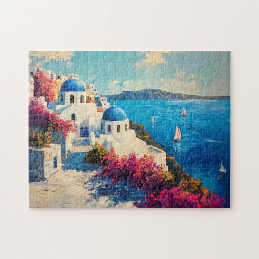 Santorini Vibrant Flowers Digitale olieverfschilde Legpuzzel (Horizontaal)