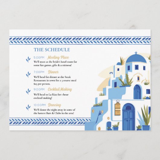 Santorini Vrijgezellenfeest Reisschema blauw Programmakaart (Achterkant)
