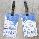 Santorini Waterverf Art Bagagelabel<br><div class="desc">Blauwe en witte waterverf schilderij van de stad Oia op het prachtige Griekse eiland Santorini om je reiskoffers uit de menigte te laten zien. Originele kunst van Nic Squirrell. Verander de details op de rug om zich te personaliseren.</div>