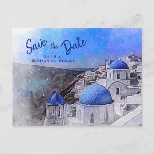 Santorini Waterverf Blue White Wedding Aankondigingskaart (Voorkant)