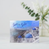 Santorini Waterverf Blue White Wedding Aankondigingskaart (Staand voorkant)