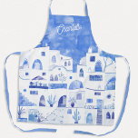 Santorini Waterverf Gepersonaliseerd Schort<br><div class="desc">Waterverf blauw en wit schilderij op het Griekse eiland Santorini,  gebaseerd op Oia. Verander de naam om te personaliseren.</div>