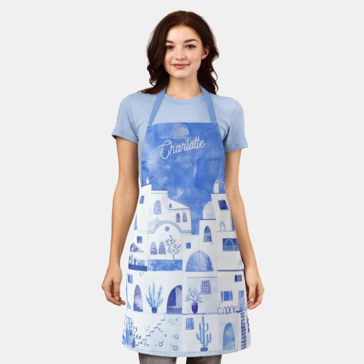Santorini Waterverf Gepersonaliseerd Schort (Gedragen)