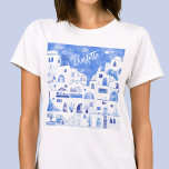Santorini Waterverf Gepersonaliseerd T-shirt<br><div class="desc">Waterverf blauw en wit tuinschilderij op het prachtige Griekse eiland Santorini. Verander de naam om te personaliseren. Originele kunst van Nic Squirrell.</div>