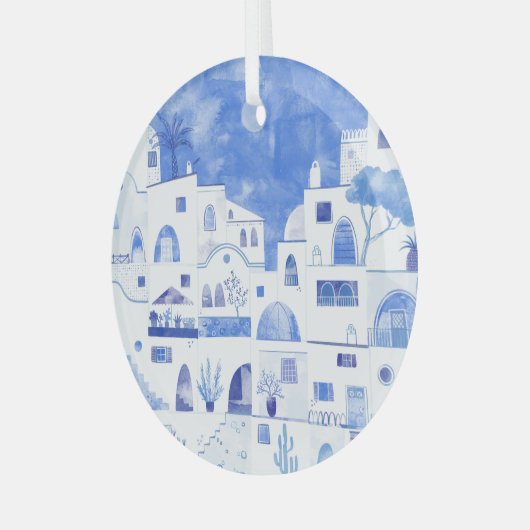 Santorini Waterverf Griekenland Glas Ornament (Voorkant links)