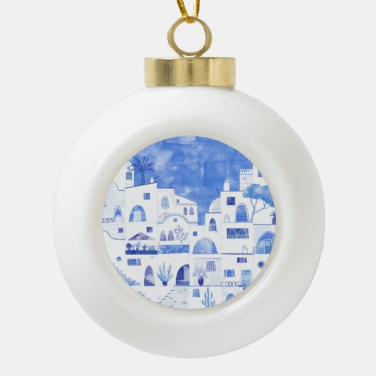 Santorini Waterverf Griekenland Keramische Bal Ornament (Voorkant)