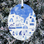 Santorini Waterverf Griekenland Metalen Ornament<br><div class="desc">Een blauw en wit waterverf tuinschilderij van het prachtige Griekse eiland Santorini. Originele kunst van Nic Squirrell.</div>