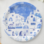 Santorini Waterverf Griekenland Papieren Bordje<br><div class="desc">Een modern blauw en wit schilderij van de waterverf van het Griekse eiland Santorini. Originele kunst van Nic Squirrell.</div>
