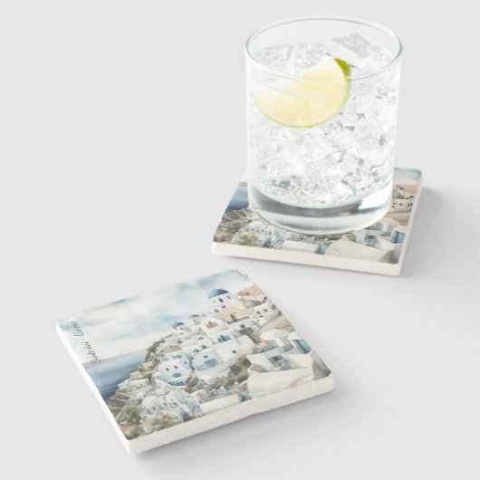 Santorini Waterverf Griekenland Stenen Onderzetter (Zijkant)