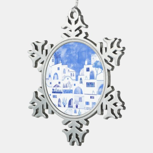 Santorini Waterverf Griekenland Tin Sneeuwvlok Ornament (Rechts)