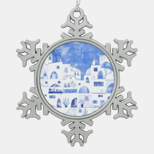 Santorini Waterverf Griekenland Tin Sneeuwvlok Ornament (Voorkant)