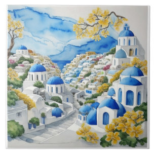 Santorini Waterverf Griekse huizen & gele bloemen Tegeltje