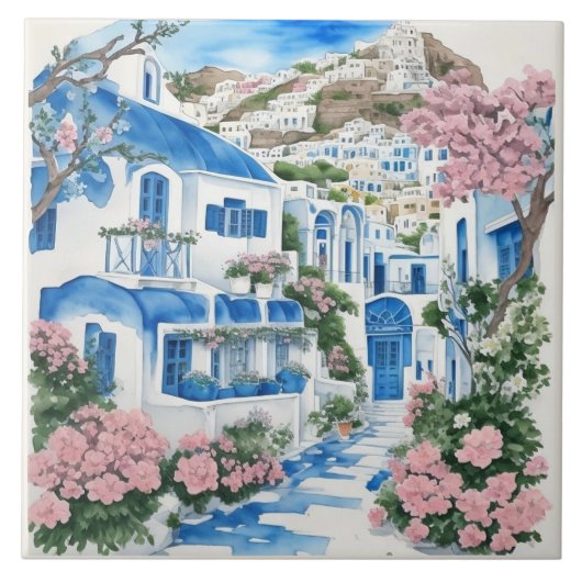 Santorini Waterverf huizen & roze bloemen Tegeltje (Voorkant)