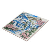 Santorini Waterverf huizen & roze bloemen Tegeltje (Zijkant)