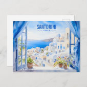 Santorini Waterverf Schilderen Griekenland Reizen  Briefkaart (Voorkant / Achterkant)