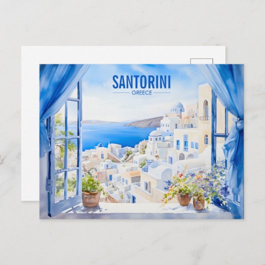 Santorini Waterverf Schilderen Griekenland Reizen  Briefkaart (Voorkant / Achterkant)