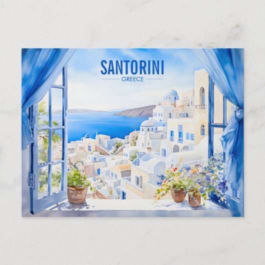 Santorini Waterverf Schilderen Griekenland Reizen  Briefkaart (Voorkant)