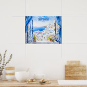 Santorini Waterverf Schilderen Griekenland Reizen Poster (Keuken)