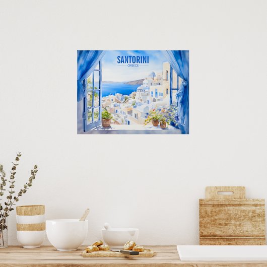 Santorini Waterverf Schilderen Griekenland Reizen  Poster (Keuken)
