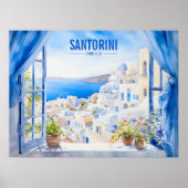 Santorini Waterverf Schilderen Griekenland Reizen Poster (Voorkant)