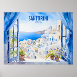 Santorini Waterverf Schilderen Griekenland Reizen  Poster