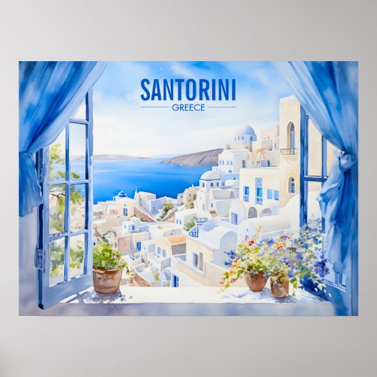 Santorini Waterverf Schilderen Griekenland Reizen Poster (Voorkant)