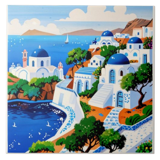 Santorini Waterverf schilderkunst - Grieks Eiland Tegeltje (Voorkant)