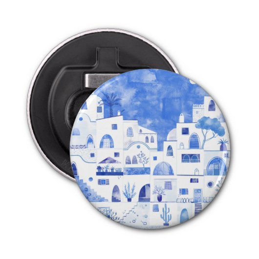 Santorini Waterverf Townscape Button Flesopener (Voorkant)