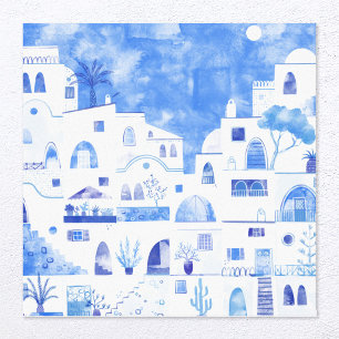 Santorini Waterverf Townscape Canvas Afdruk