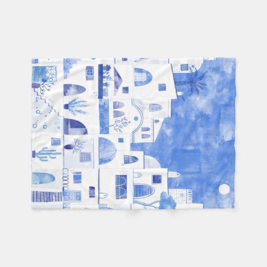 Santorini Waterverf Townscape Fleece Deken (Voorkant (Horizontaal))