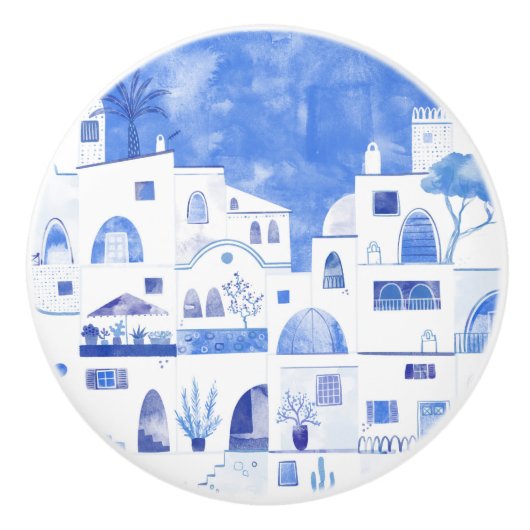 Santorini Waterverf Townscape Keramische Knop (Voorkant)