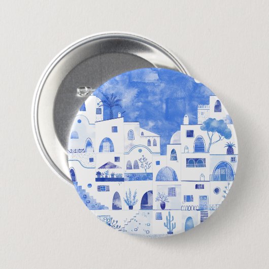 Santorini Waterverf Townscape Ronde Button 7,6 Cm (Voorkant /achterkant)