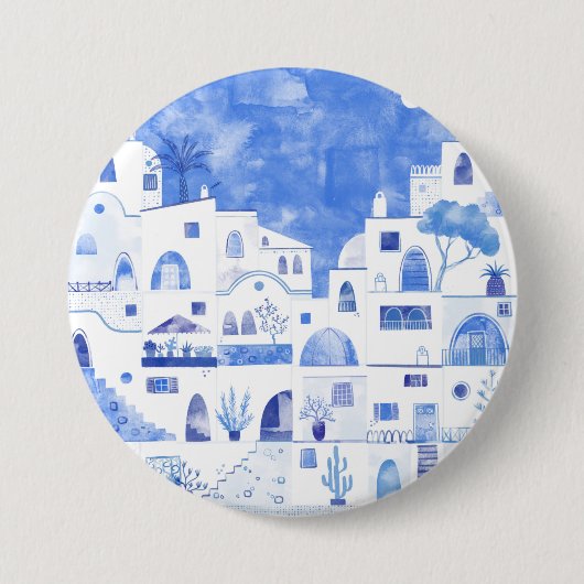 Santorini Waterverf Townscape Ronde Button 7,6 Cm (Voorkant)
