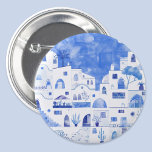 Santorini Waterverf Townscape Ronde Button 7,6 Cm<br><div class="desc">Een waterverf tuinschilderij van het prachtige Griekse eiland Santorini in blauw en wit.</div>