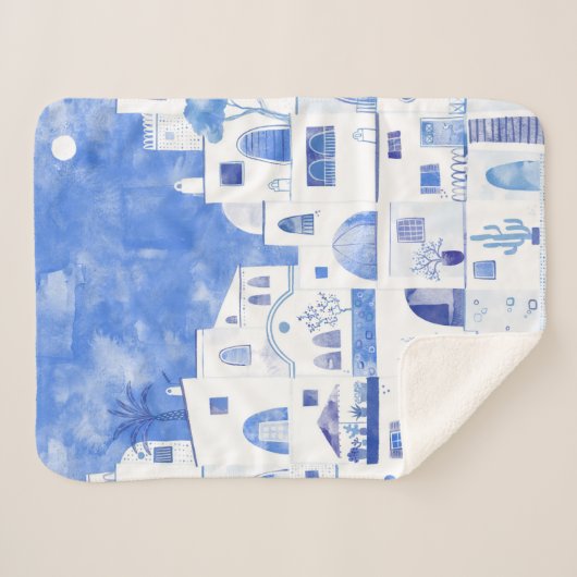 Santorini Waterverf Townscape Sherpa Deken (Voorkant (horizontaal))