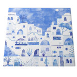 Santorini Waterverf Townscape Tegeltje<br><div class="desc">Een Waterverf tuinschilderij van het prachtige Griekse eiland Santorini.</div>