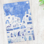 Santorini Waterverf Townscape Theedoek<br><div class="desc">Een blauw-wit waterverf schilderij van het dorpje Oia op het rustige Griekse eiland Santorini. Originele versie door Nic Squirrell.</div>