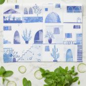 Santorini Waterverf Townscape Theedoek (Gevouwen)