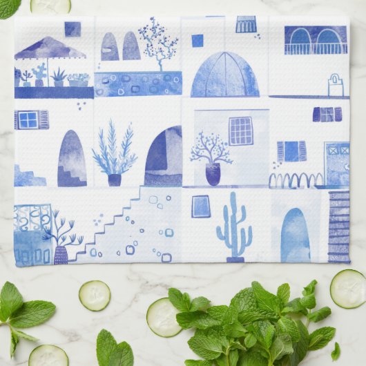 Santorini Waterverf Townscape Theedoek (Gevouwen)