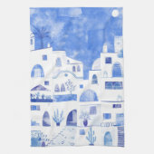 Santorini Waterverf Townscape Theedoek (Verticaal)