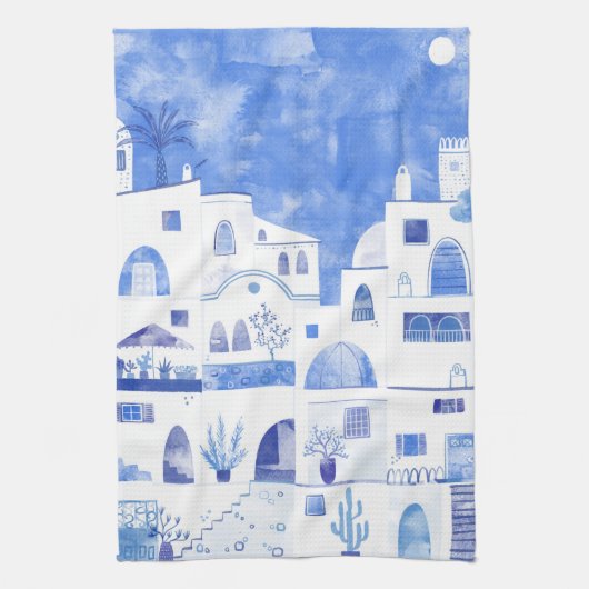 Santorini Waterverf Townscape Theedoek (Verticaal)